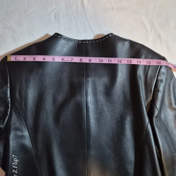 Talbots 100% Leather Moto Lady Jacket Black White Stitching Size 14P - Picture 6 of 8